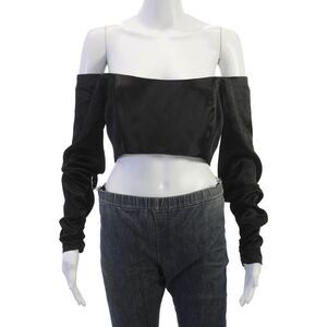Kimberly Taylor Womens Cropped Satin Off Shoulder Black Long Sleeve Top Size M